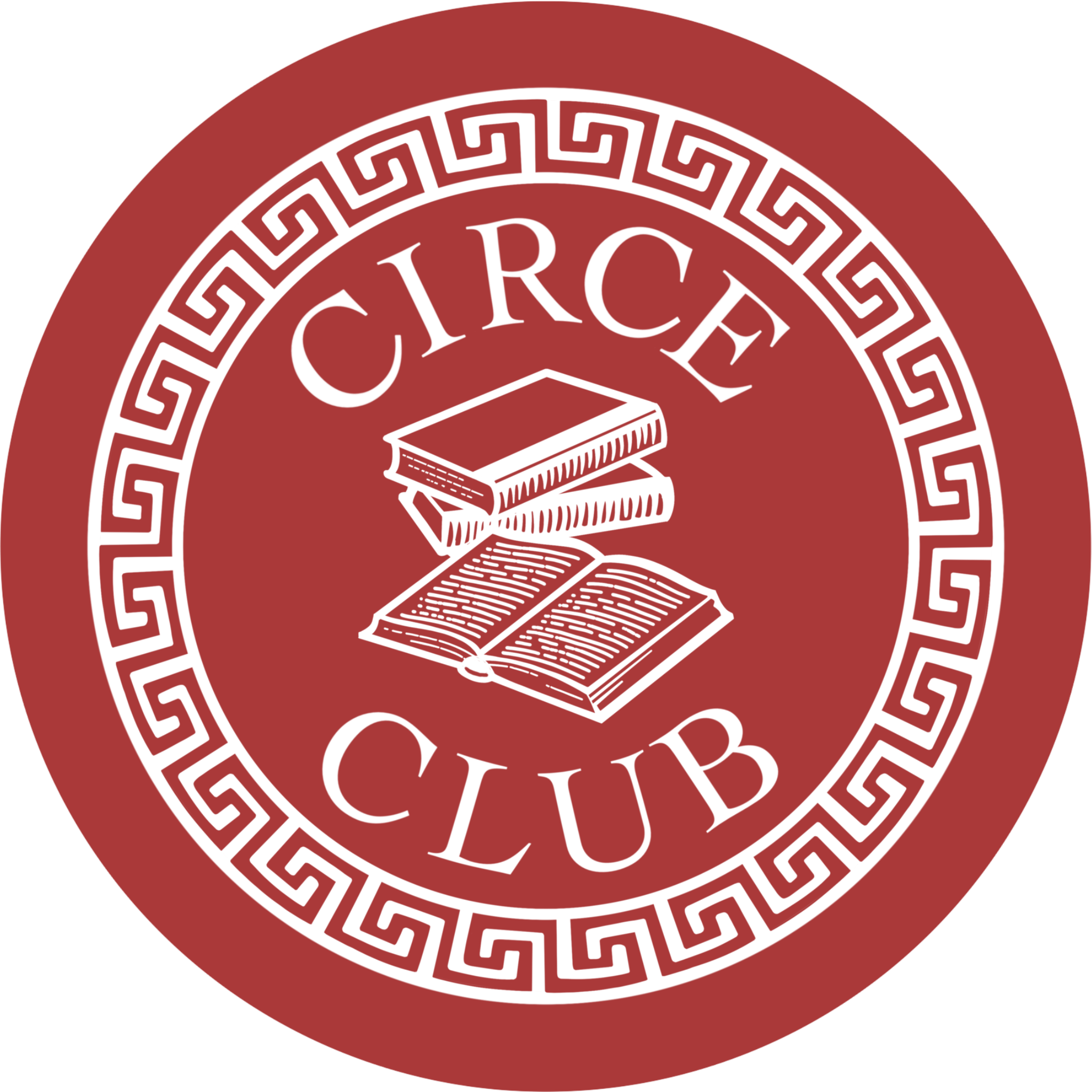 Logo CirceClub - das Logo setzt sich in weiß vom Hintergrund ab, mittig ist ein Stapel Bücher zu sehen, darüber steht "Circe", unter dem Stapel "Club". Umrandet wird das Logo von einem griechischen Ornamentrand, der einer eckigen, sich wiederholenden Spirale gleicht.